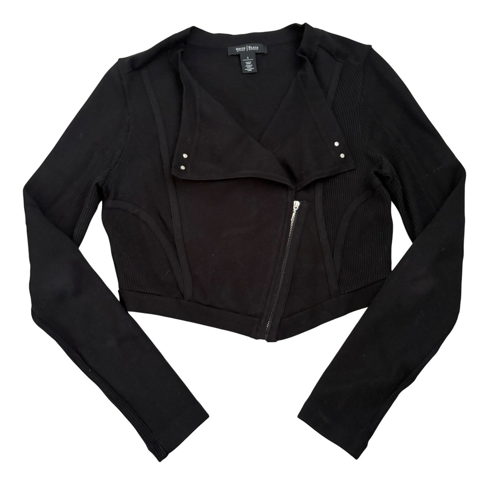 White House Black Market Black Cropped Moto Jacket Asymmetrical Zip Ribbed Small
